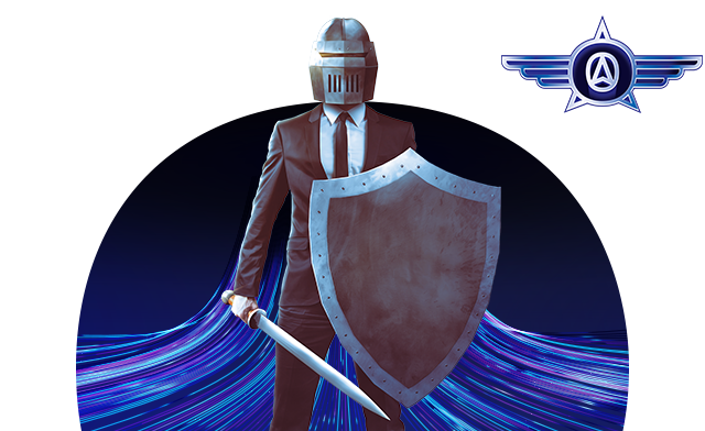 Empresrio com capacete de cavaleiro, escudo e espada